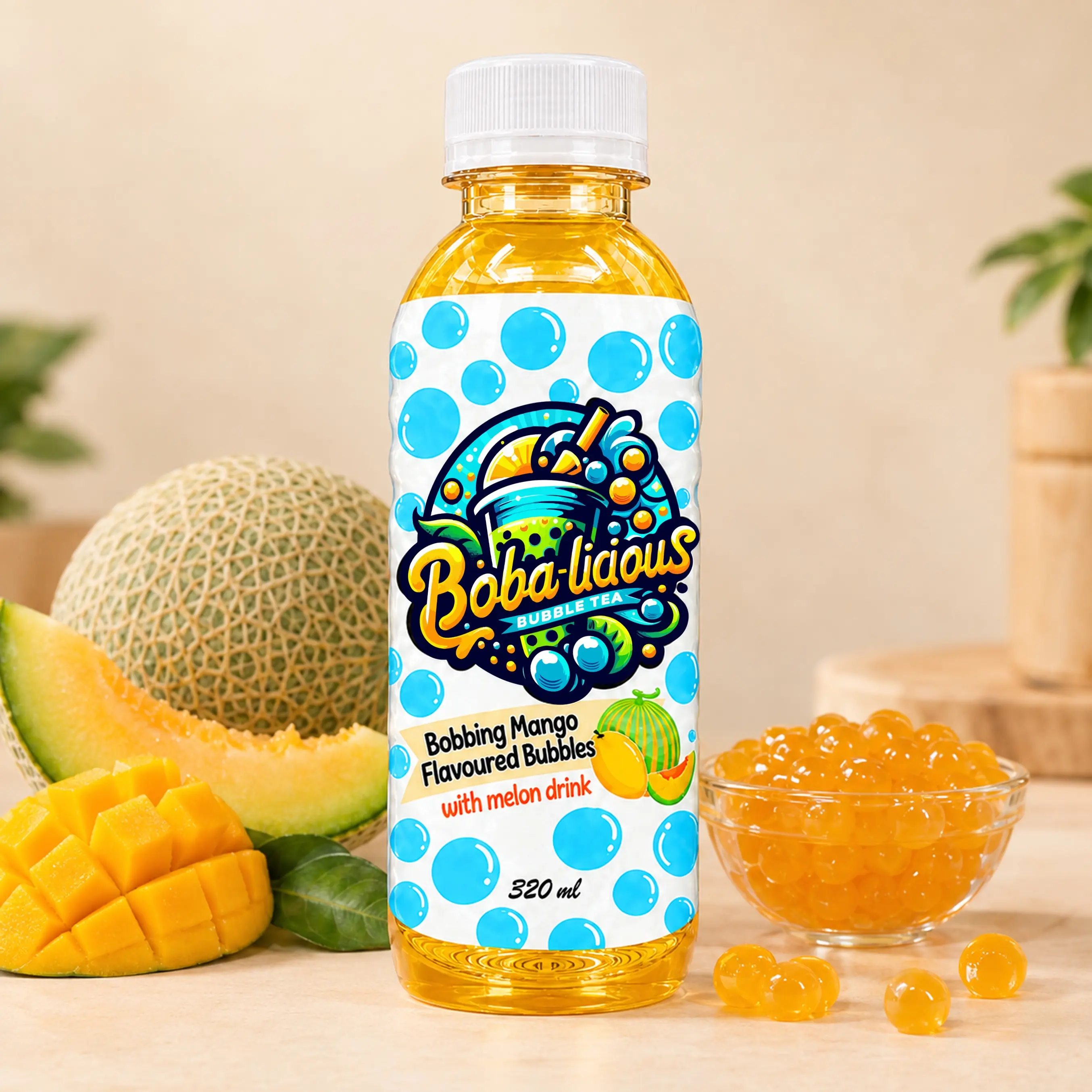 BUBBLE TEA Boba-licious 320 ml bottle with mango flavoured bubbles, melon drink, fresh mango, melon and popping boba.
